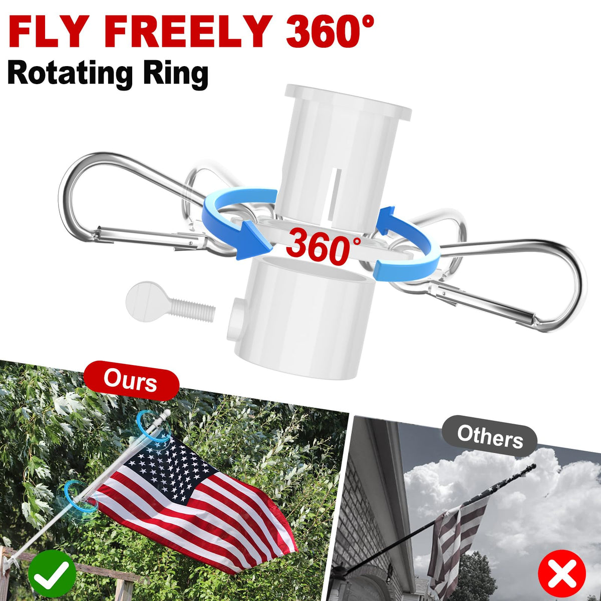 Cogardenshower 360 anti-wrap rings keep flags flying smoothly.