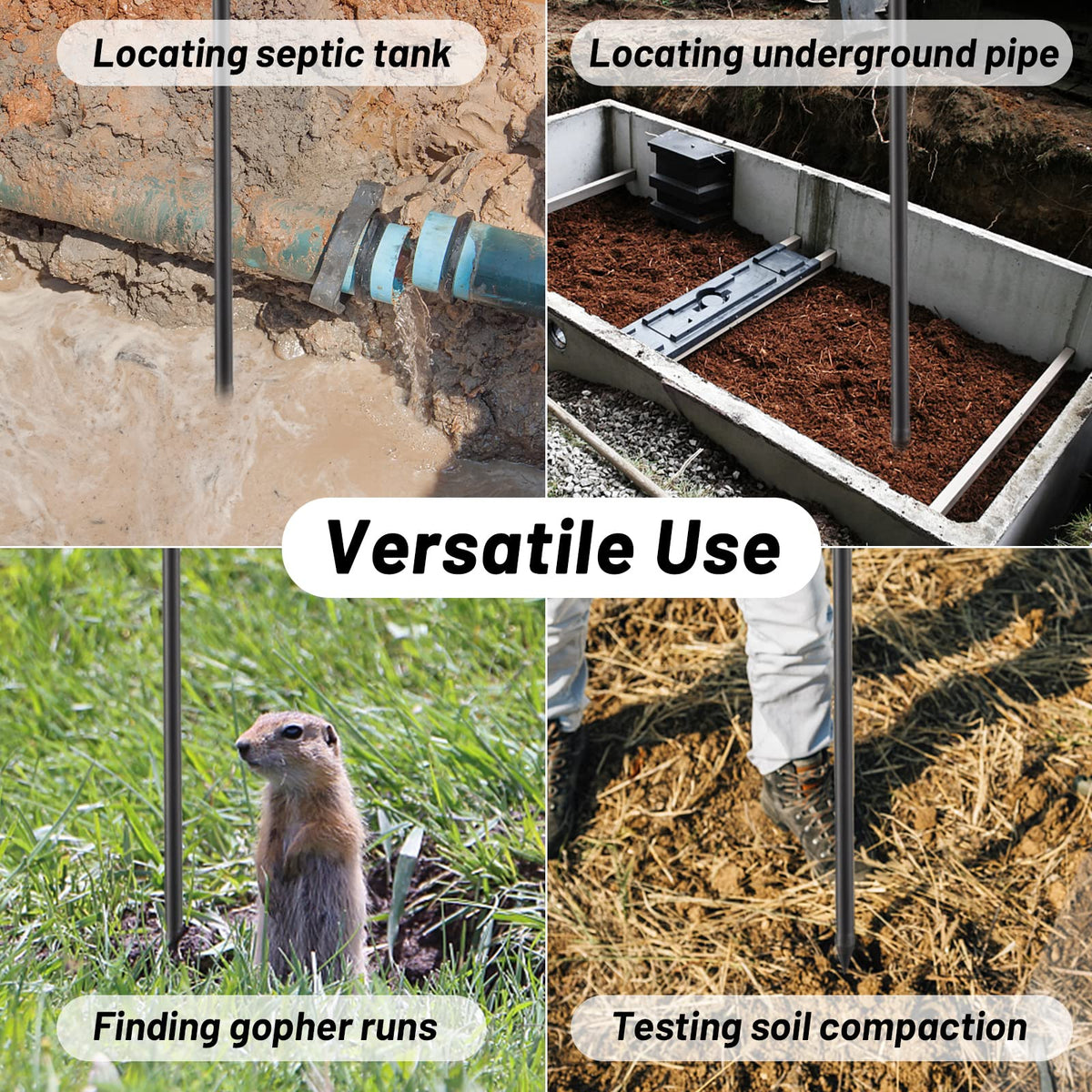 Cogardenshower probe locating pipes and gopher runs beneath the surface.