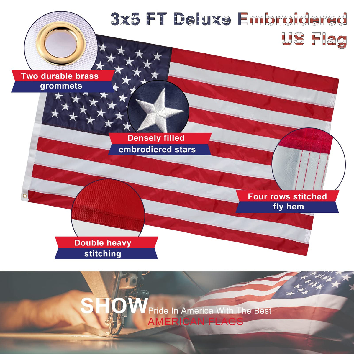 Cogardenshower US flag embroidery closeup shows durable stitching and vivid colors