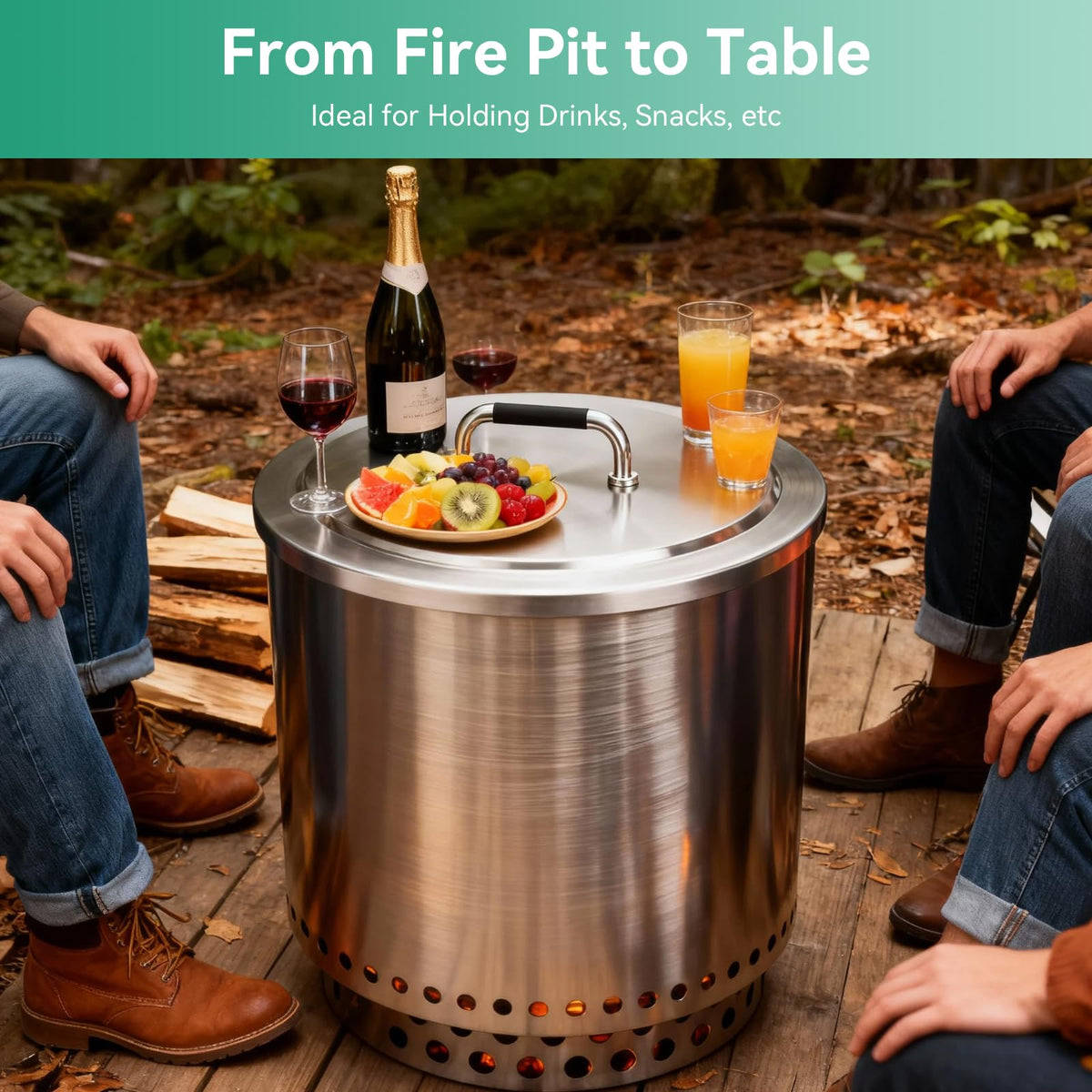 COGRICHBF Fire pit lid used as outdoor tabletop for snacks