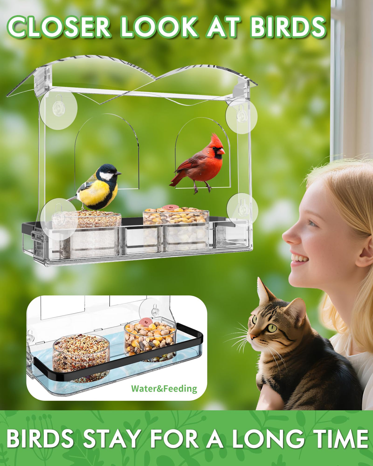 COJOSQC window bird feeder provides a crystal-clear view of birds from indoors