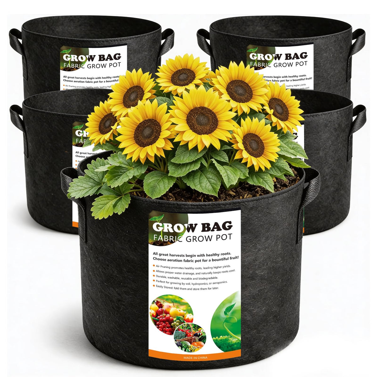 COOKIELE 5-pack grow bags front view with sturdy handles for easy transport.
