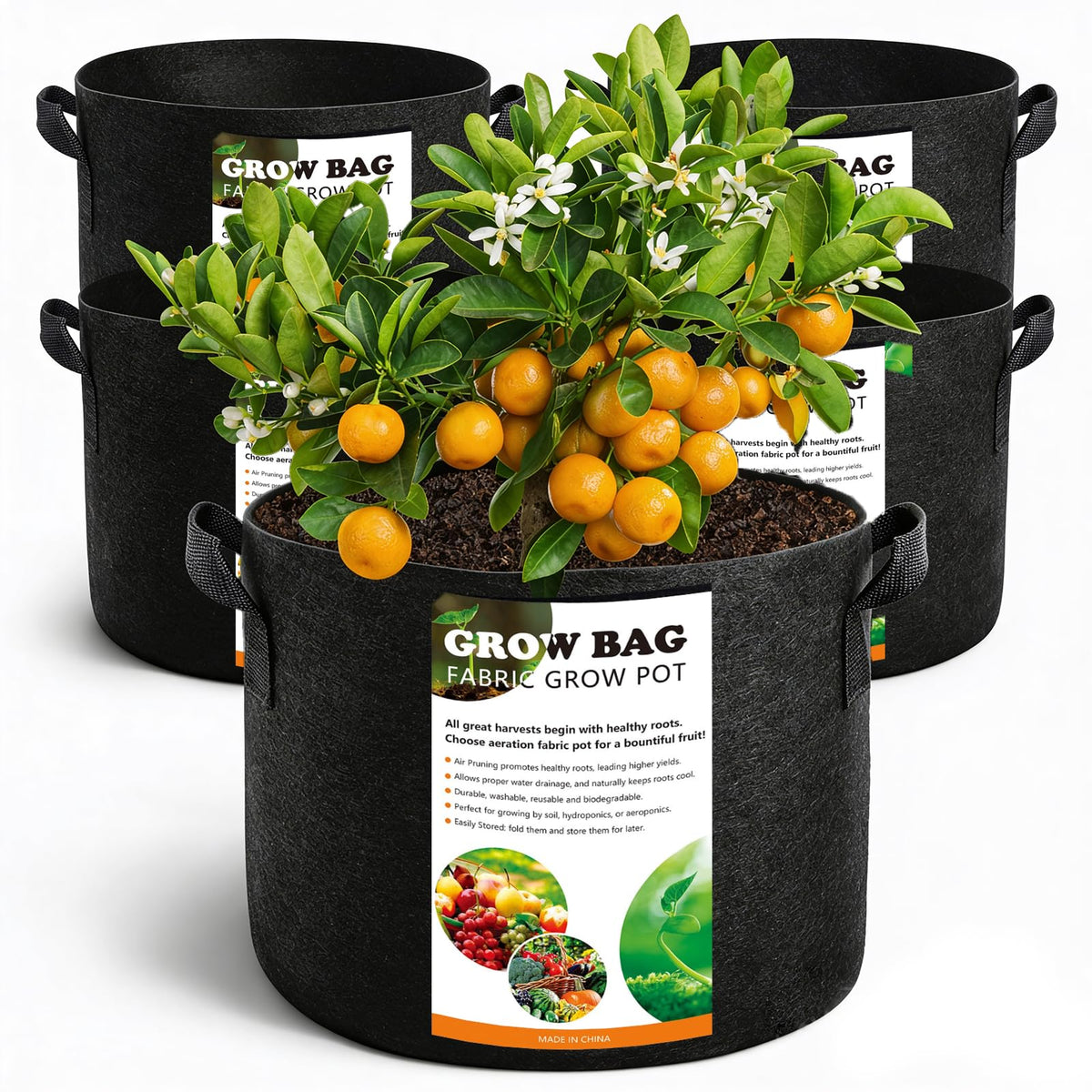 COOKIELE 5-pack grow bags in heavy-duty fabric offer durable, reusable gardening solutions.