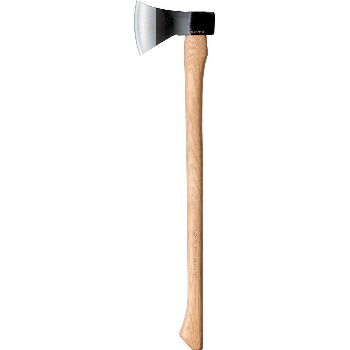 Cold Steel Trail Boss handle in straight-grained American Hickory for durable grip.
