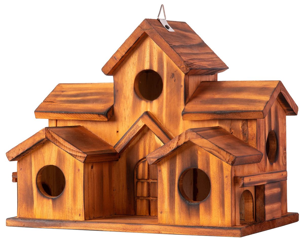 COLEBA bird house castle design front view, brown, decorative garden shelter for small birds.