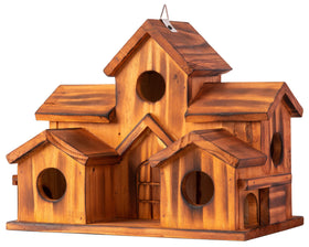 COLEBA bird house castle design front view, brown, decorative garden shelter for small birds.