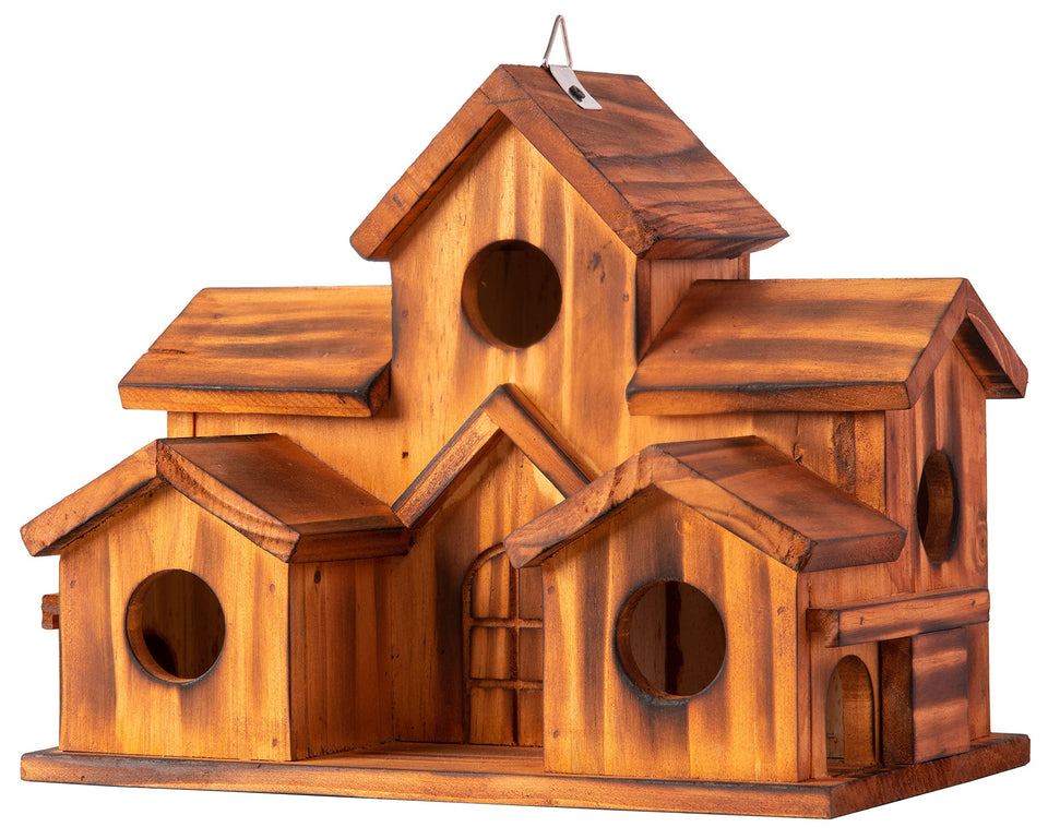 COLEBA bird house castle design front view, brown, decorative garden shelter for small birds.