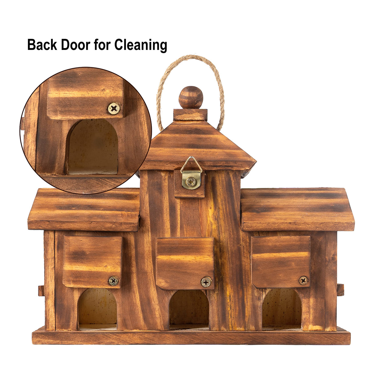 COLEBA hanging bird house adds garden charm.