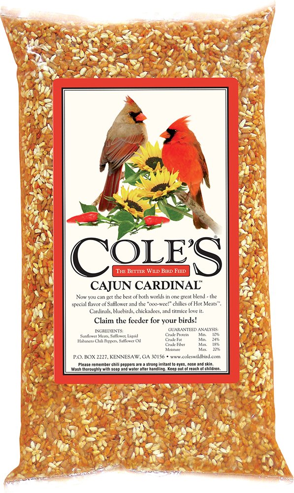 Cole's Cajun Cardinal Blend at feeder attracting cardinals and other backyard birds