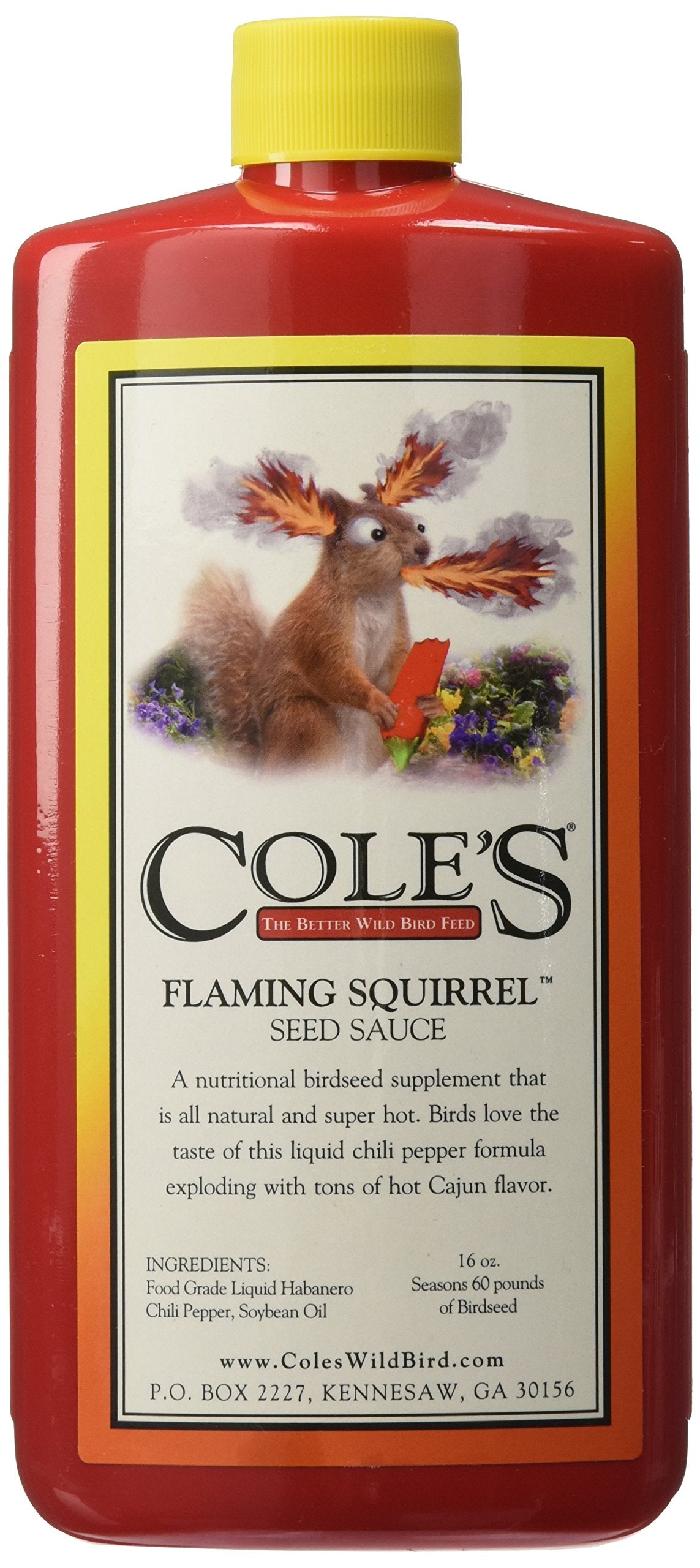 Cole's Flaming Squirrel Seed Sauce bottle, 16 oz, coats seeds to deter squirrels.