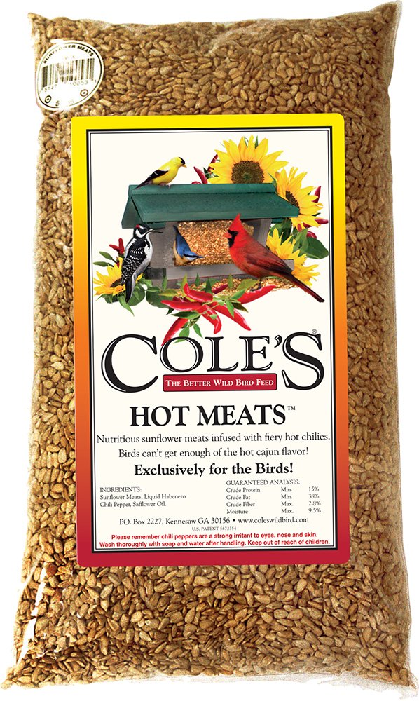 Cole's HM20 Hot Meats Bird Seed Bag showing all-natural ingredients for healthy feeding.