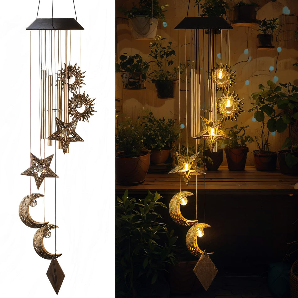 Colingmill sun moon star wind chime glowing at night, creating cozy patio ambiance.