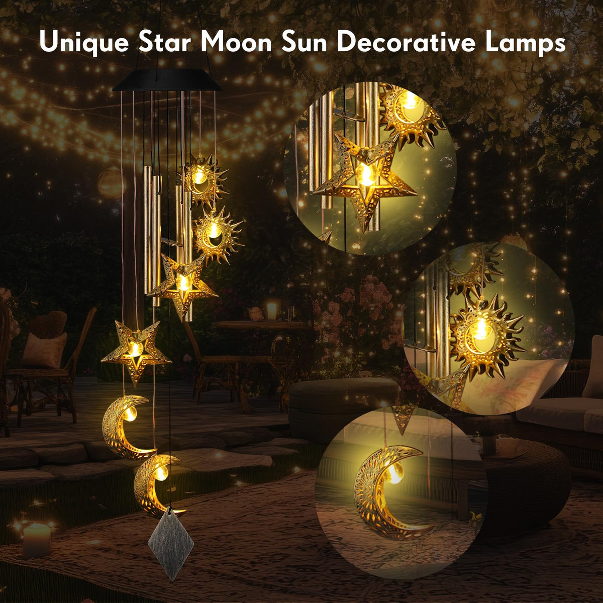 Colingmill warm-colored lights wind chime enhances evening garden ambience.