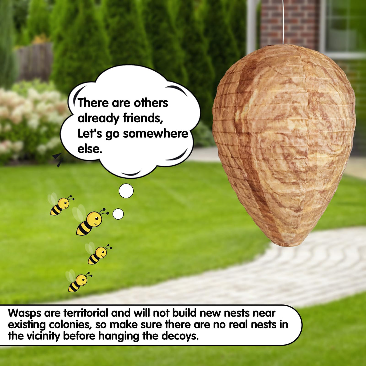 Collabell Wasp Nest Decoy in garden placement for peace of mind.