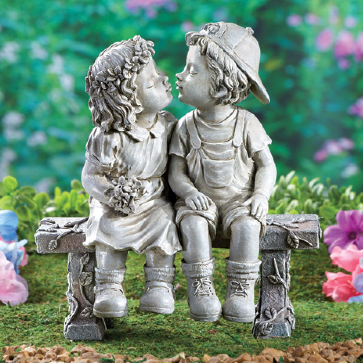 Collections Etc First Kiss Puppy Love garden sculpture, angle 2, enhances curb appeal with whimsy.