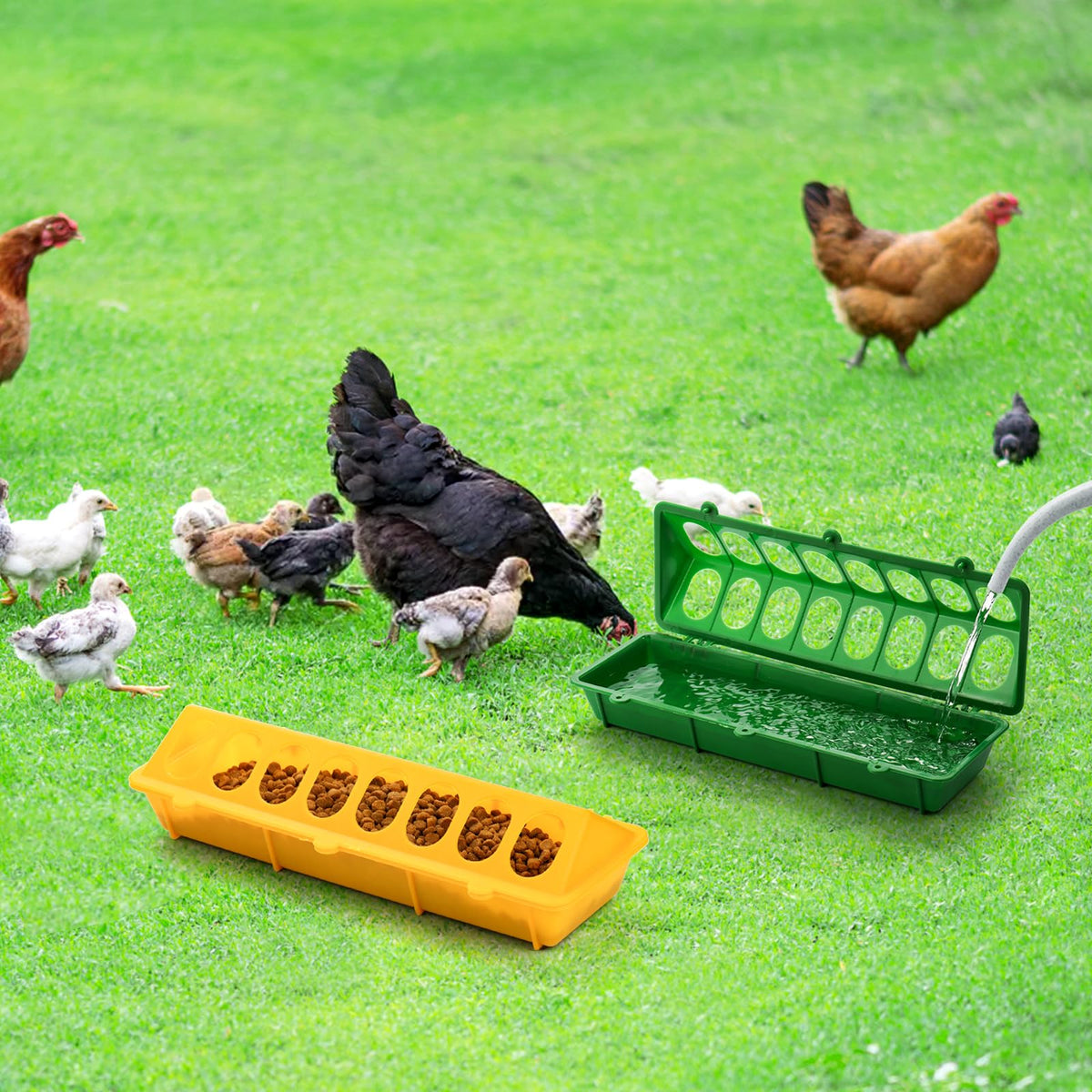 Coloch durable plastic construction withstands frequent cleaning and rugged farm use.