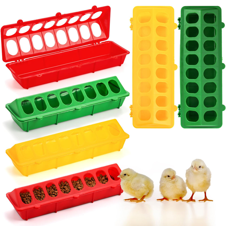 Coloch flip top poultry feeder 6-pack in red-green-yellow reduces mix-ups and waste.