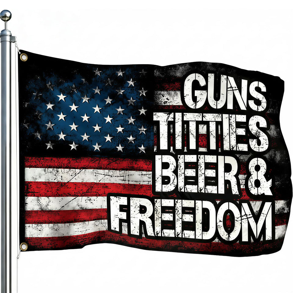 Colorato Guns Beer & Freedom flag with distressed background adds bold patriotism to any wall.