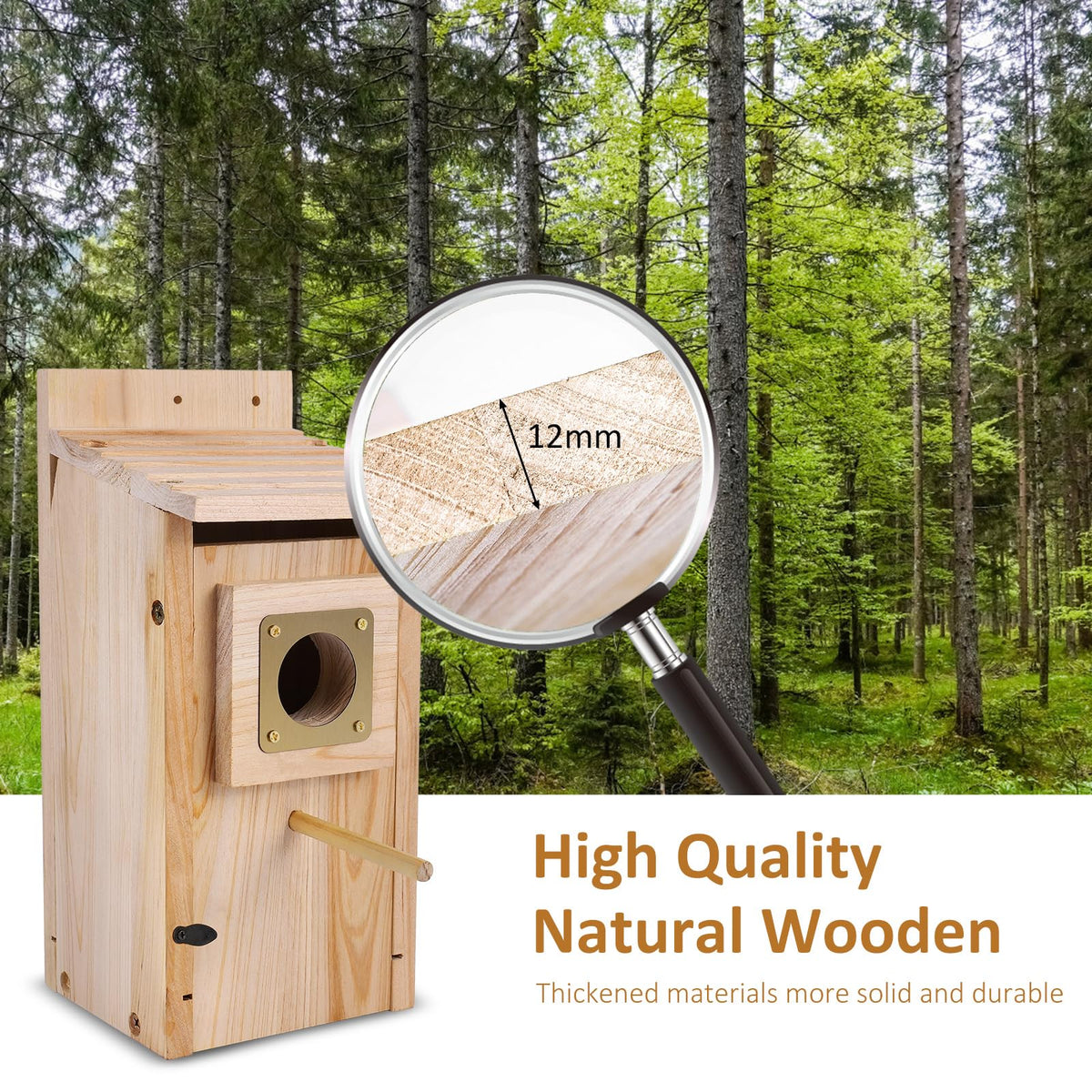 ColorfulLaVie natural wood bird house with 1.2 cm thick walls.