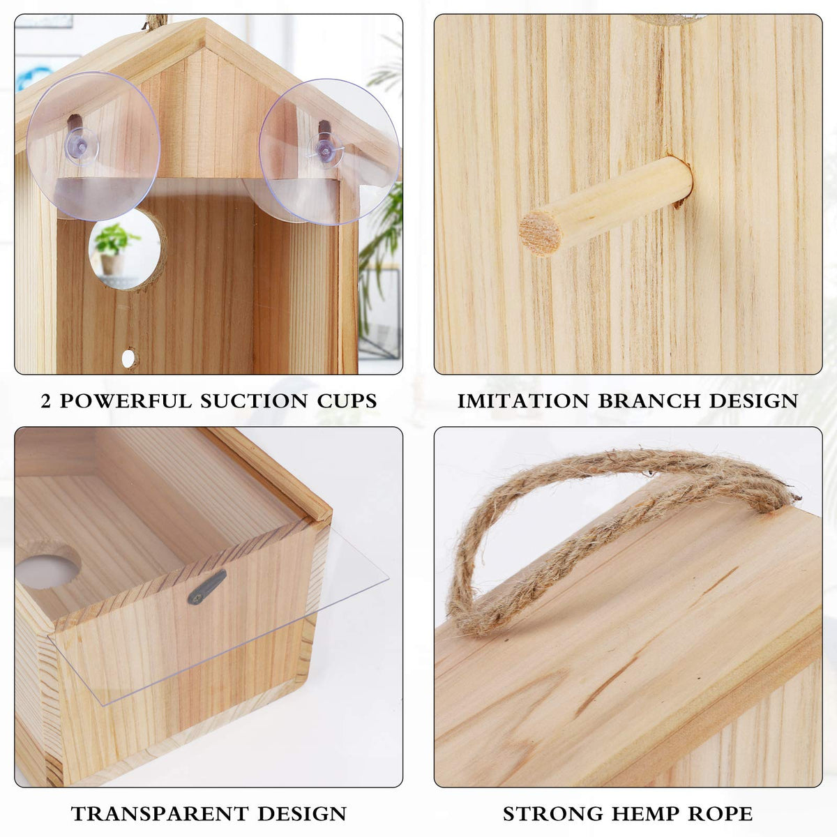 ColorfulLaVie see-through bird house demonstrates secure suction cup mounting on glass.