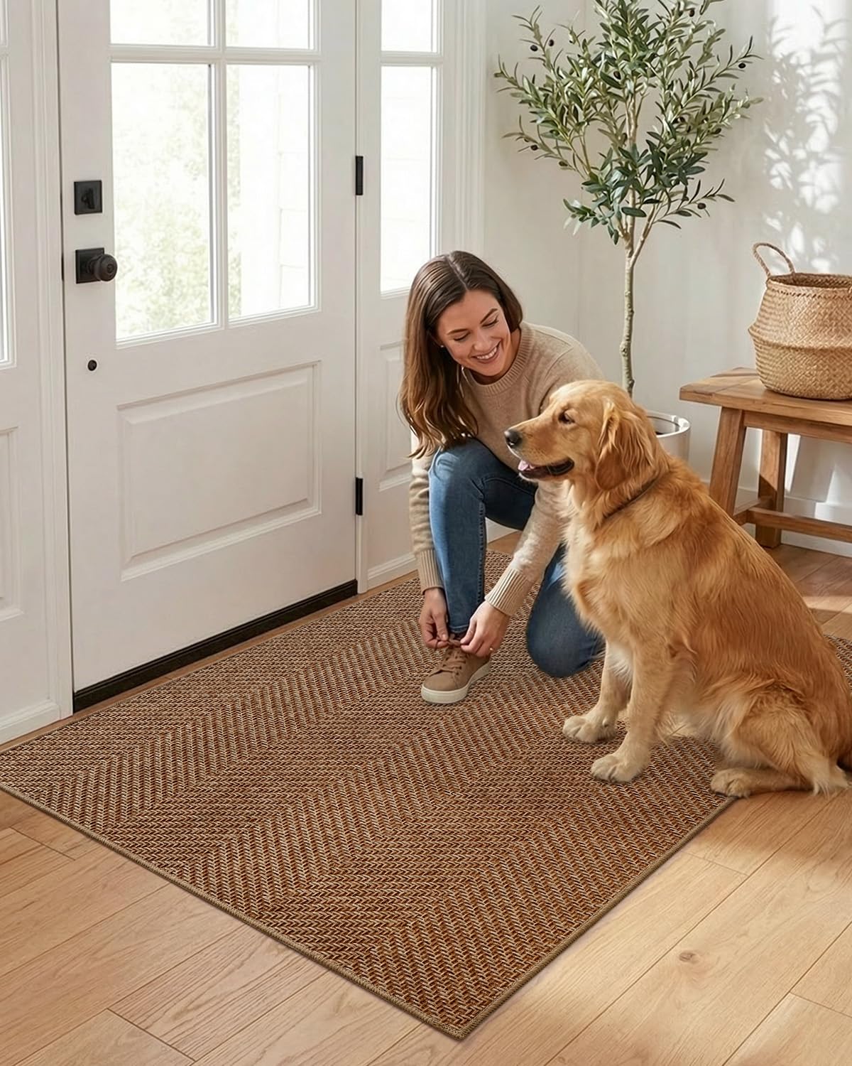 Color&Geometry classic brown fold door mat blends with decor and stores easily.