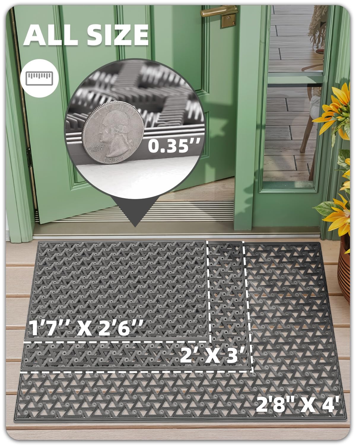 Color&Geometry mat close-up; drainage-designed grooves with beveled edge to channel water.