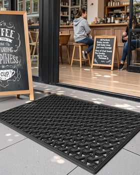 Color&Geometry easy-clean mat cleans with broom or pressure washer.