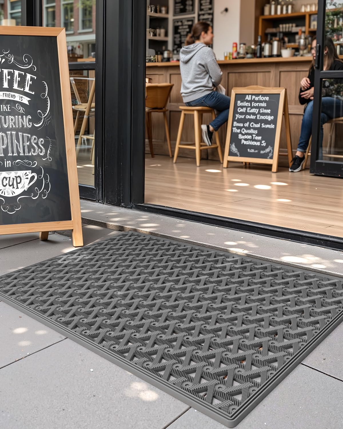 Color&Geometry mat at patio entrance; supports outdoor entry with strong dirt-trapping performance.