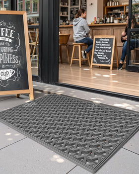 Color&Geometry mat at patio entrance; supports outdoor entry with strong dirt-trapping performance.