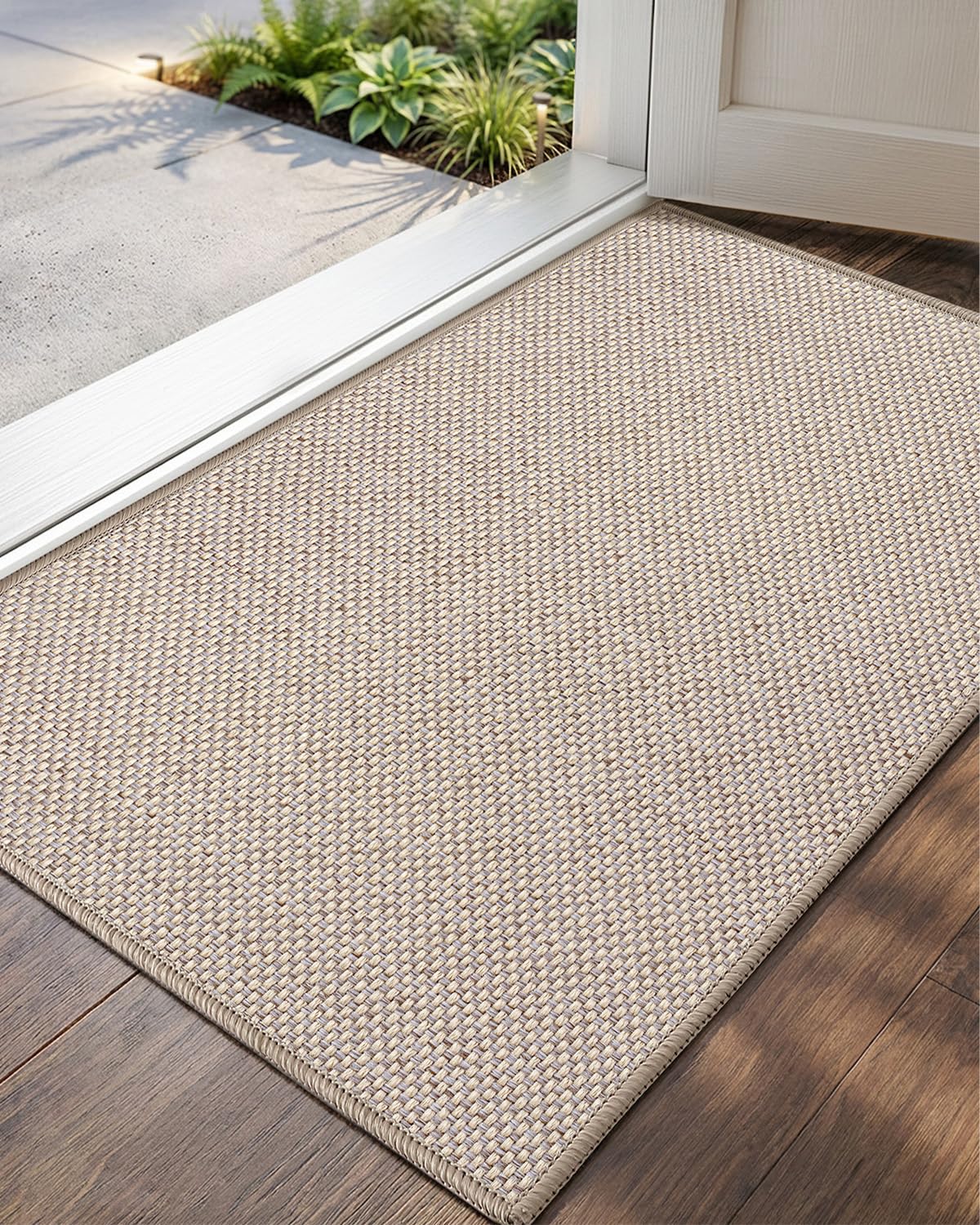 Color&Geometry ultra-thin door mat on khaki front door with non-slip backing for stable footing