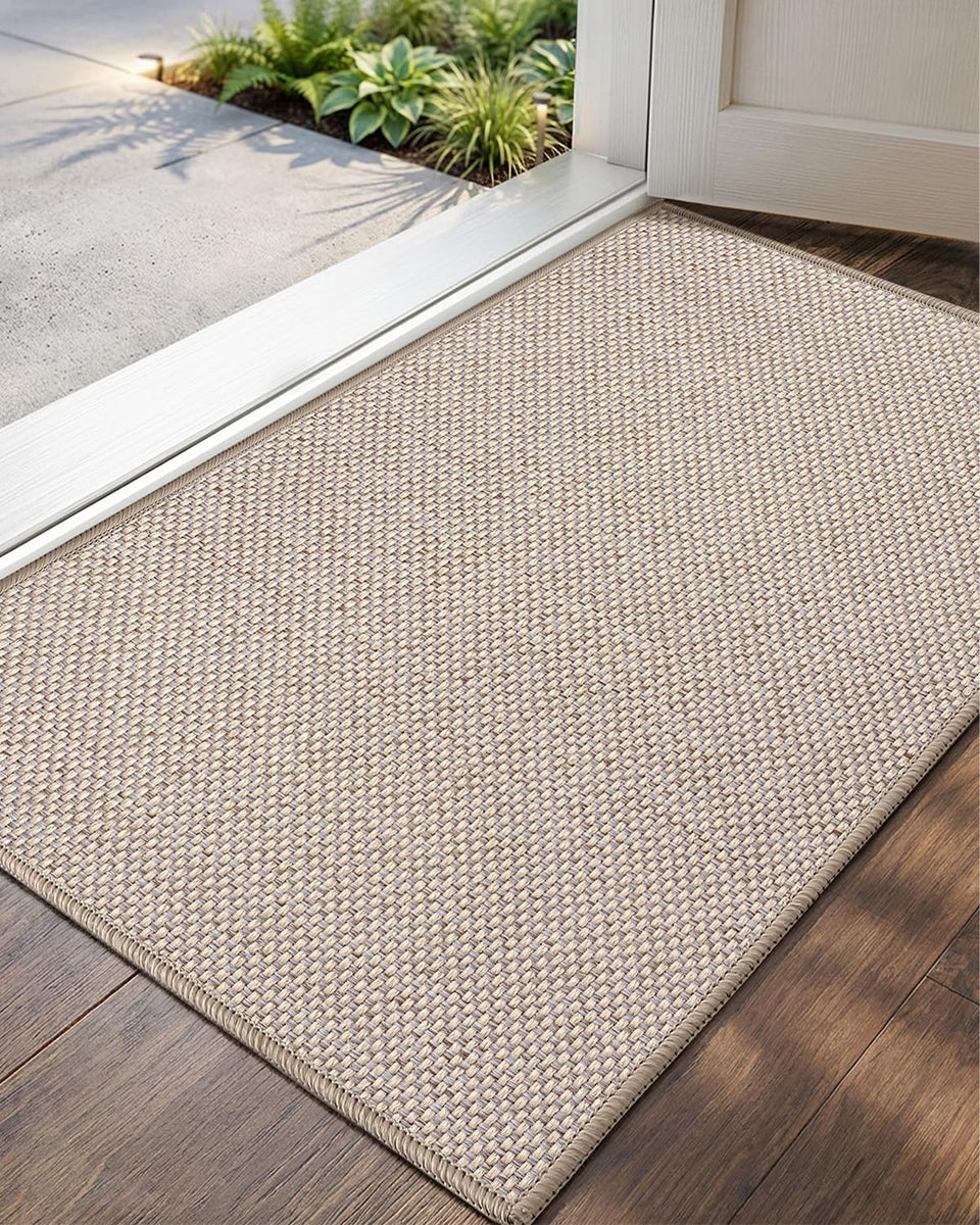 Color&Geometry ultra-thin door mat on khaki front door with non-slip backing for stable footing