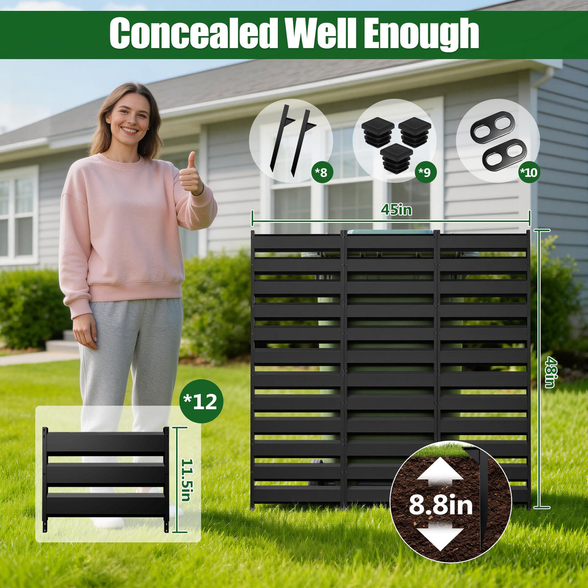 COLRASN outdoor unit enclosure in durable black metal withstands weather while staying sleek