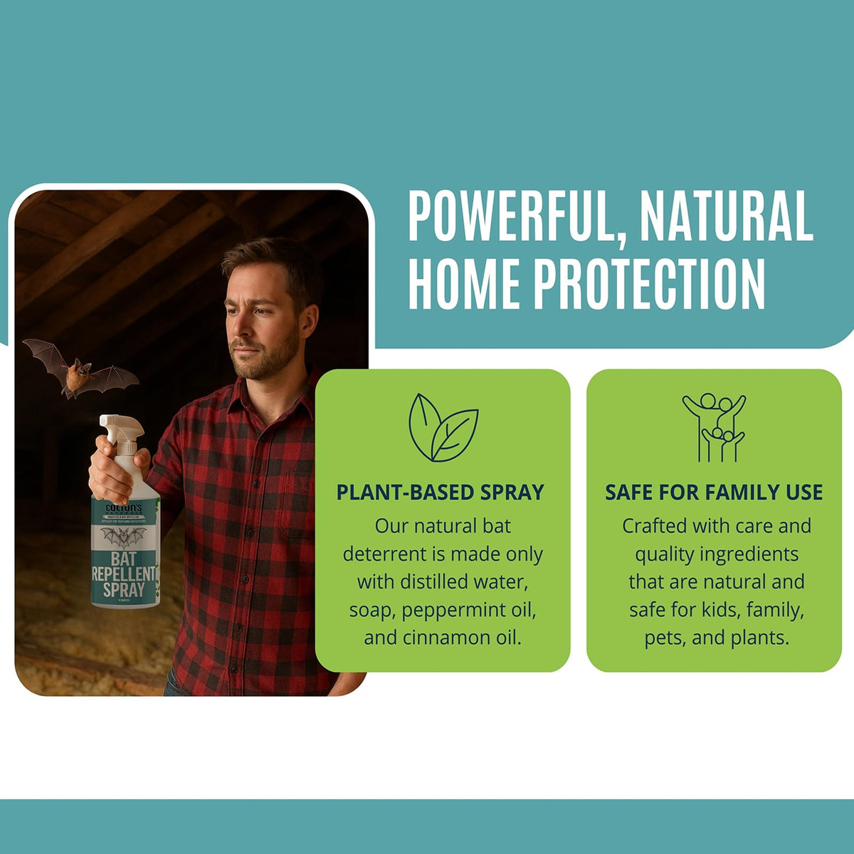 Colton's Naturals Bat Repellent Spray at barn exterior creates safer storage