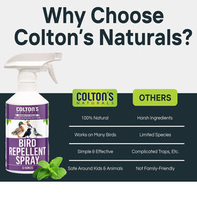 Colton's Naturals 32oz spray near garages reveals outdoor protection against perching and pecking.