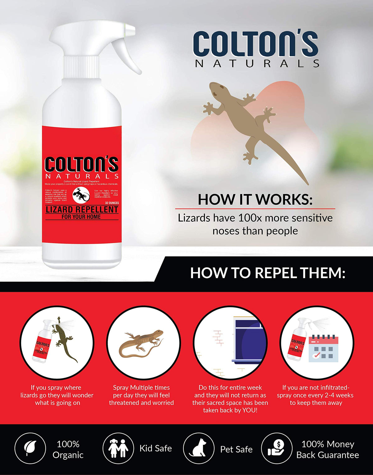 Colton's Naturals Lizard Repellent outdoor deck spray deters lizards naturally.