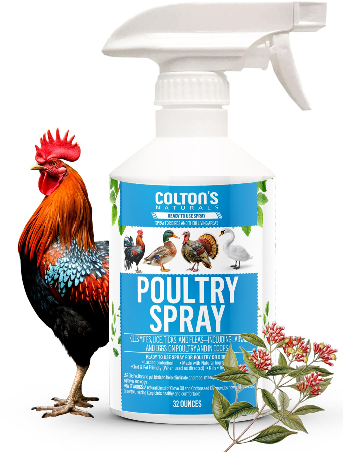 Colton’s Naturals Poultry Spray 32oz bottle for easy flock care and coop application.