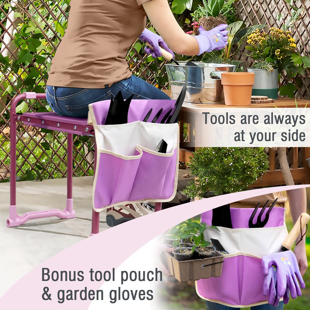 Colwelt seat-in-use mode on purple kneeler for comfortable gardening.