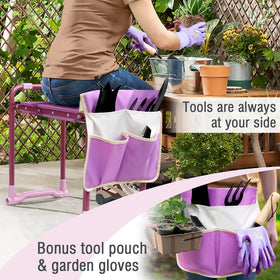 Colwelt seat-in-use mode on purple kneeler for comfortable gardening.