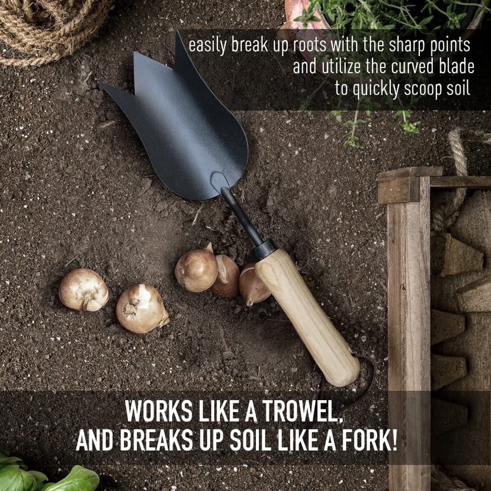 Colwelt tulip trowel cuts through roots and lifts soil efficiently