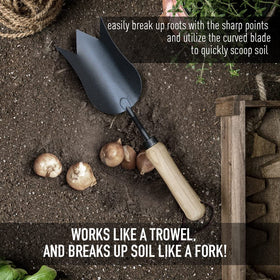 Colwelt tulip trowel cuts through roots and lifts soil efficiently
