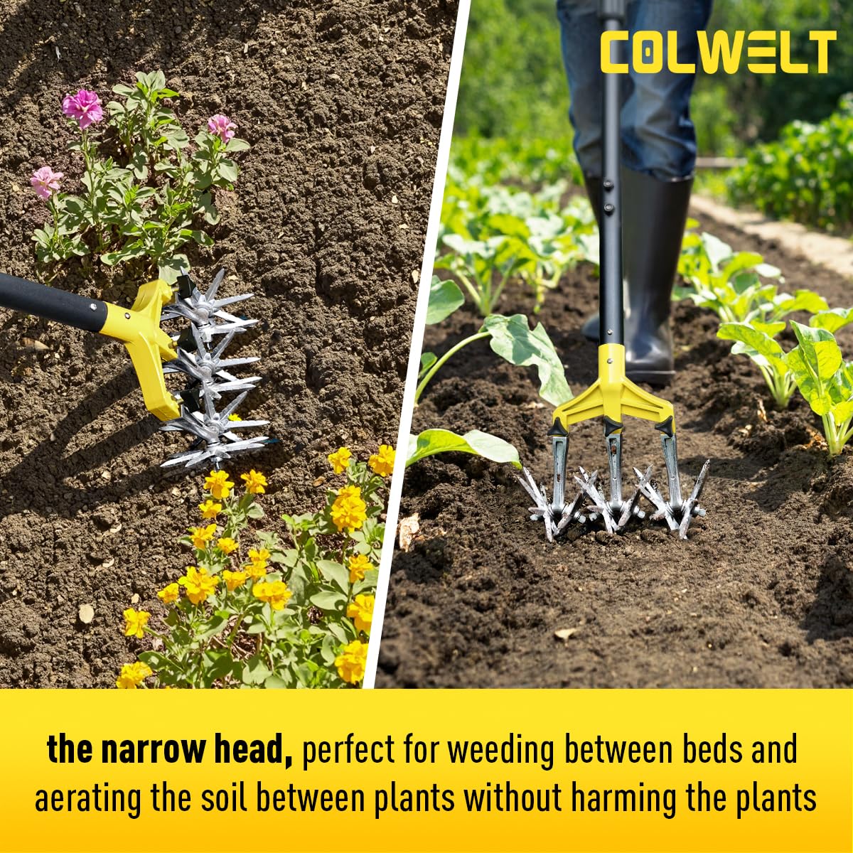 Colwelt aluminum tines on the cultivator for breaking up hard soil