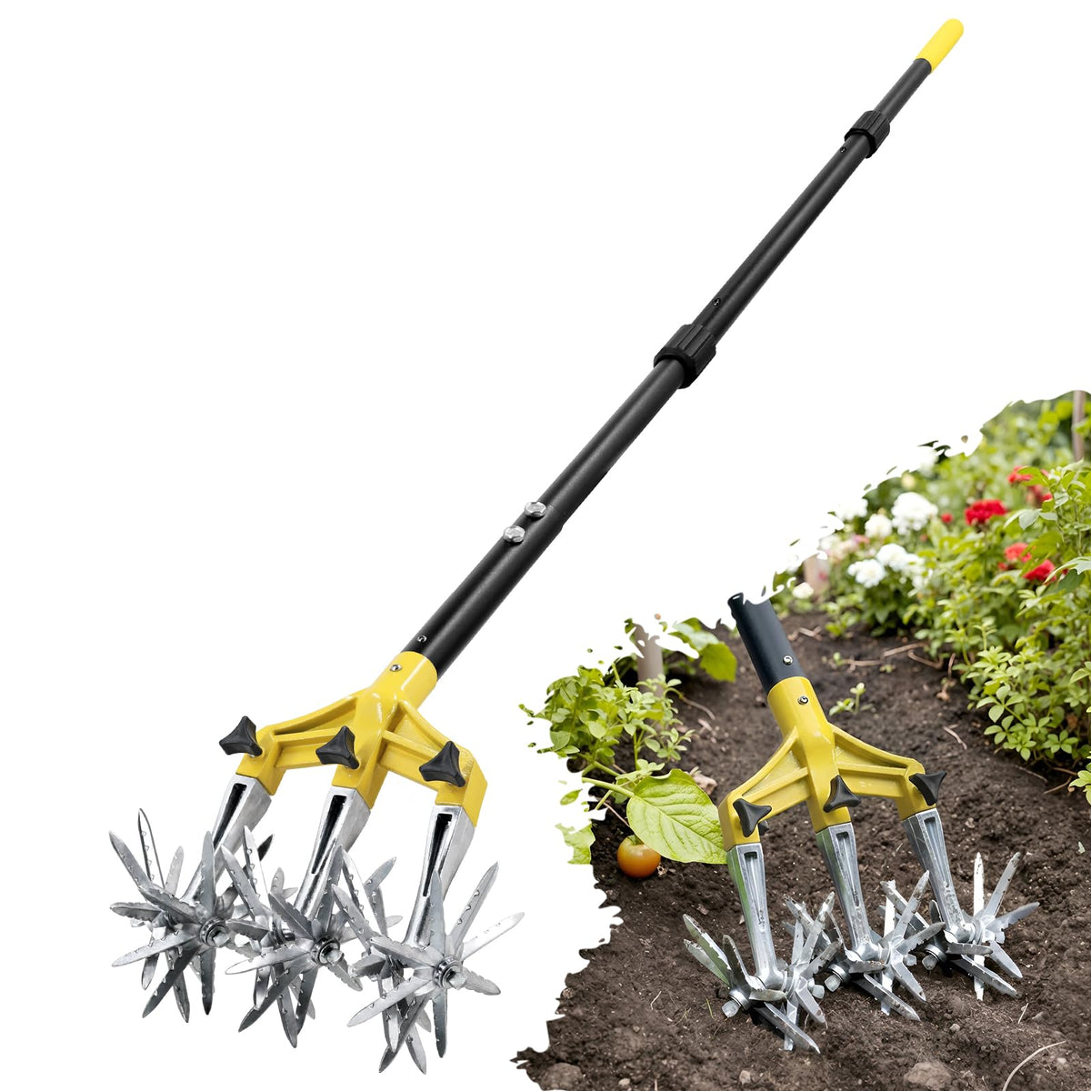 Colwelt rotary cultivator top view showing the ready-to-use head and tines