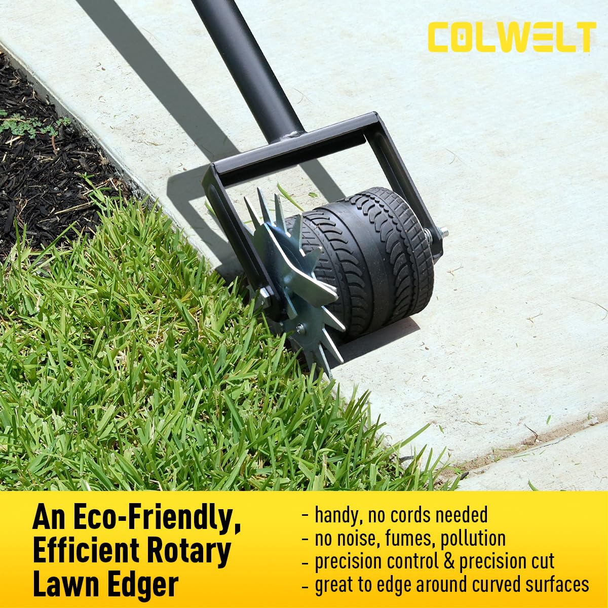 Colwelt edger 3.4-inch wide wheel ensures stable tracking on tough grass.