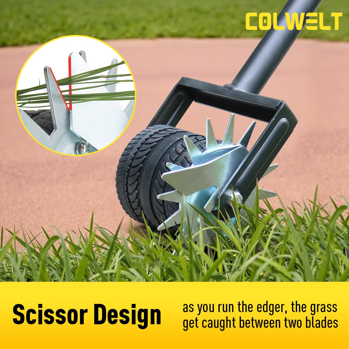 Colwelt edger on flat ground for rhythm edging without lawn damage.
