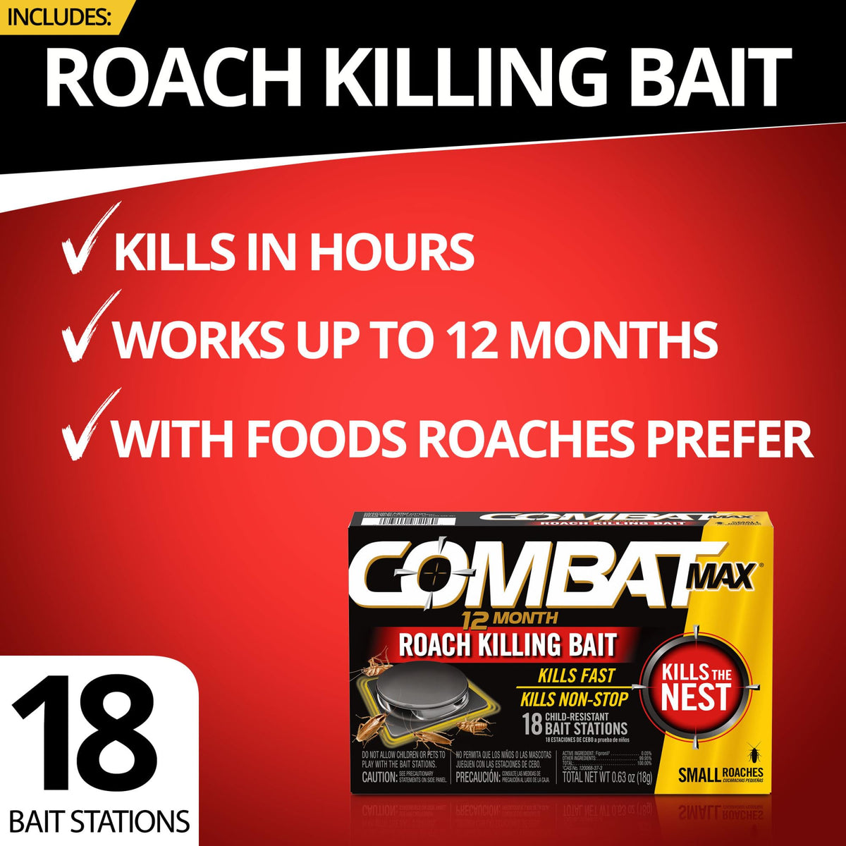 Combat Max 18-station pack shown, ready-to-use roach control solution