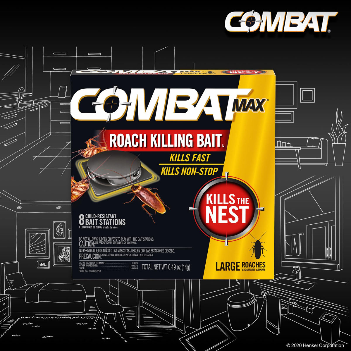 Combat Max domino-effect kills roaches by sharing bait back to the nest