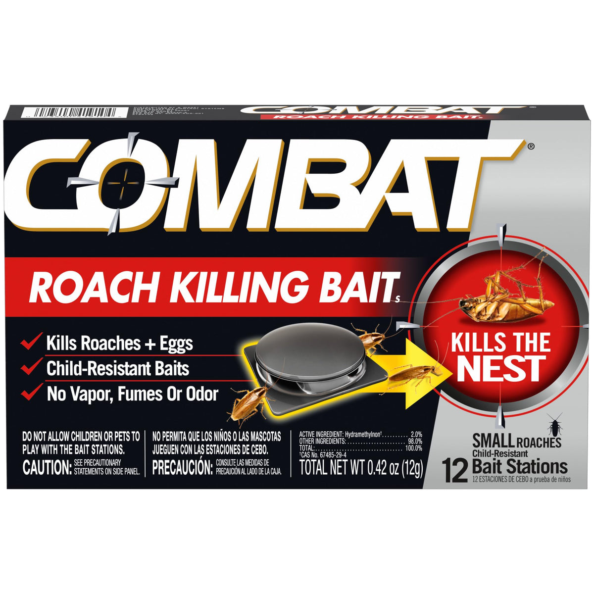 Combat Roach Killing Bait Stations box shows a 12-pack solution against small roaches.