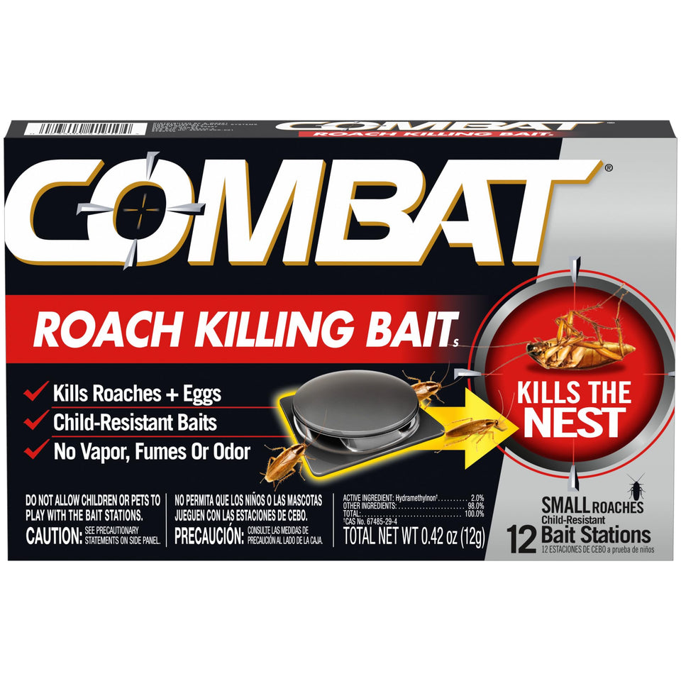 Combat Roach Killing Bait Stations box shows a 12-pack solution against small roaches.