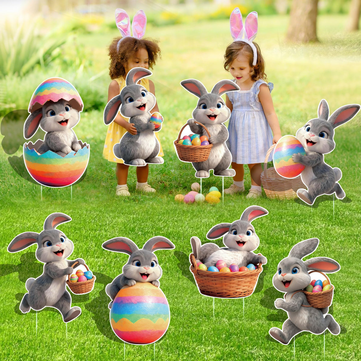 ComboJoy Easter yard sign bunny 6 showcases eggs and rabbits from multiple styles for festive variety.