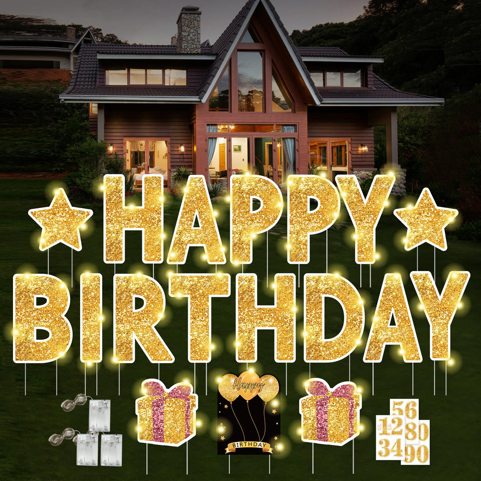 ComboJoy 16-inch Happy Birthday yard sign with stakes for outdoor display.